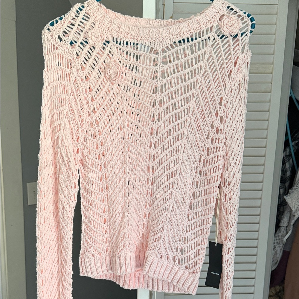 Light Pink Off-the-Shoulder Open-Knit Sweater